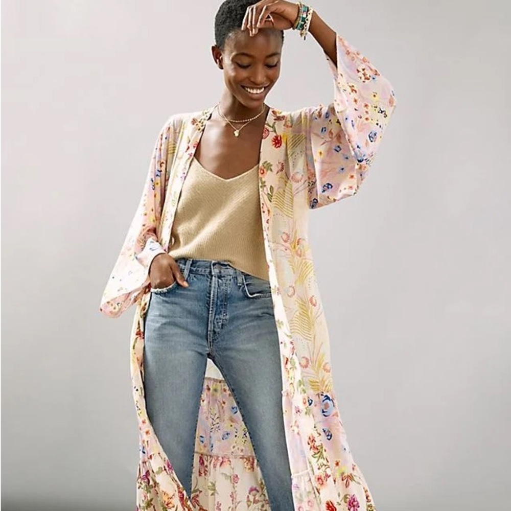Anthropologie Dani Floral Tiered Kimono One Size Bohemian Sheer